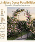 87 Inch Metal Garden Arch With Lockable Gate And Side Shelves Built Tough Arbor Trellis For Climbing Plants Outdoors Includes 6 Ground Stakes Decorative Entrance Archway For Patio And Lawn Black with flowers and fairy lights