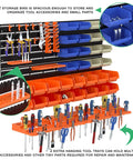52 Piece Wall Mounted Storage Bins System with Peg Boards and Tool Trays organized with tools and accessories