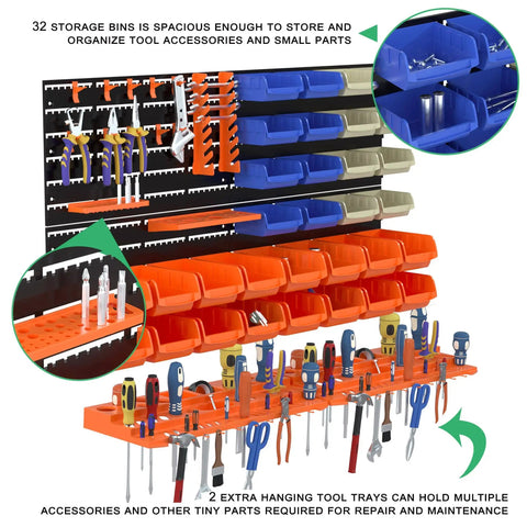 52 Piece Wall Mounted Storage Bins System with Peg Boards and Tool Trays organized with tools and accessories