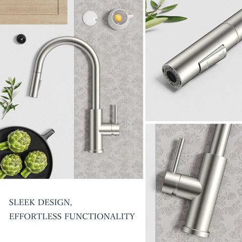 Single Handle Kitchen Faucet With Effortless Pull Down Sprayer Serving Both Clean Stream And Rinse Spray Quick No Fuss Diy Install Total Sink Makeover That Runs Like A Charm angled above view on a stylish countertop.