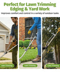 Three images showing a weed eater handle with shoulder strap in use for lawn trimming and edging