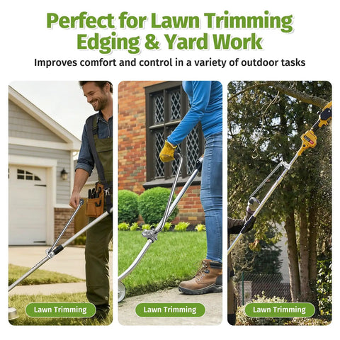 Three images showing a weed eater handle with shoulder strap in use for lawn trimming and edging