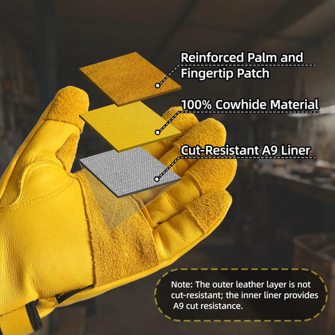 ANSI A9 Cut Resistant Leather Work Gloves With Reinforced Fingertips And Palm PM3401 Cowhide Safety Gloves Size L