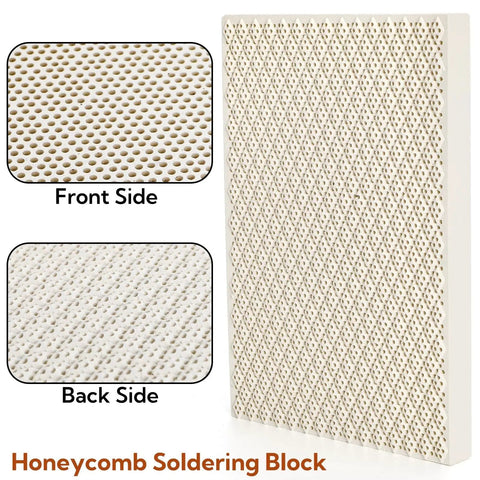 Close-up of ceramic honeycomb soldering block front and back from Six Piece Jewelry Soldering Kit With Ceramic Honeycomb Boards Copper Tong Solder Plate And Three Lock Tweezers Pro Grade Heat Proof Tools For DIY Metal Melting And Jeweler Projects.
