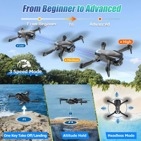 Foldable 1080P Drone With Camera For Kids And Beginners Easy To Fly Toy Gift For Boys And Girls showing speed modes and features.