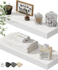 Floating Bathroom Shelves Over Toilet Set Of 2 In White MDF With Steel Brackets Farmhouse Wall Mounted Shelves Made For TP Towels Books And Decor 15.7 X 6.7 Inch 25 Lbs Capacity displayed with towels and decor