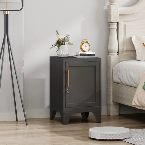Beefy Steel Nightstand With A Tight Locking Door And Adjustable Shelf Slick Black Metal Bedside Cabinet For Bedroom Home Office Keeping Your Stuff Secure in a modern bedroom setting.