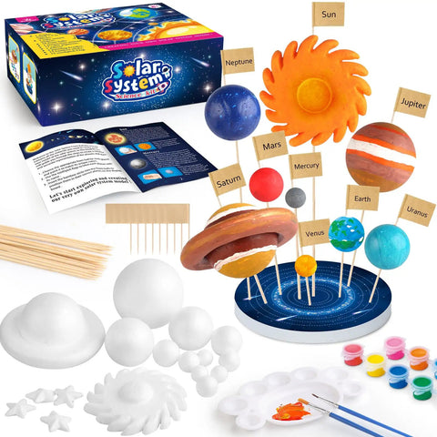 Hands On Solar System Project Kit For Kids Ages 3 To 5 With Foam Planets And Foam Balls Sun Stars Bamboo Sticks Flags Brushes And Color Palette A Fun STEM Learning Toy For School Projects displayed