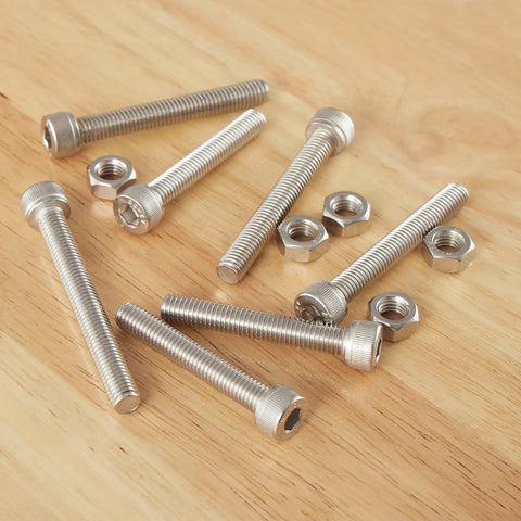 Built Tough 50 Piece M5 Screw Kit Featuring Drop Dead Rugged 304 Stainless Steel Fully Threaded Hex Socket Head Cap Screws With Snug Metric Allen Nuts For Hard Day Grind, showcasing hex screws and nuts.
