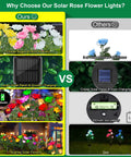 Comparison between Rose Shaped Solar Lights Outdoor Waterproof 2026 Upgrade With Realistic Silk Petals and a smaller, dim competitor.
