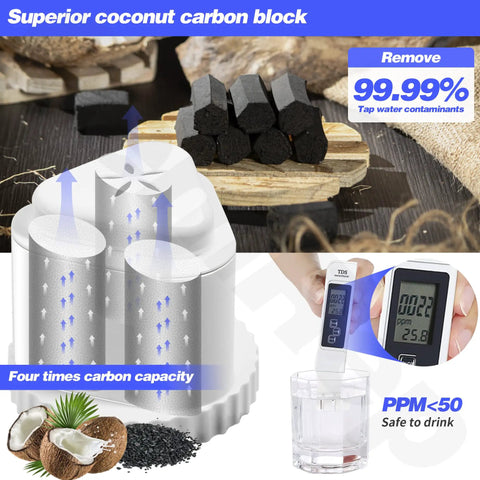 4 Pack Replacement Filter For Water Filter Pitcher Compatible With Aquagear And Seychelle BPA Free Removes Fluoride Chlorine Lead Odors And Improves Taste And Clarity Delivers Up To 150 Gallons Per Filter, featuring coconut carbon blocks.