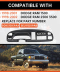 Front view: black dashboard bezel with vents for 1998-2002 Dodge Ram 1500/2500/3500; instrument panel replacement kit with clips