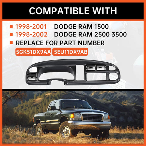 Front view: black dashboard bezel with vents for 1998-2002 Dodge Ram 1500/2500/3500; instrument panel replacement kit with clips