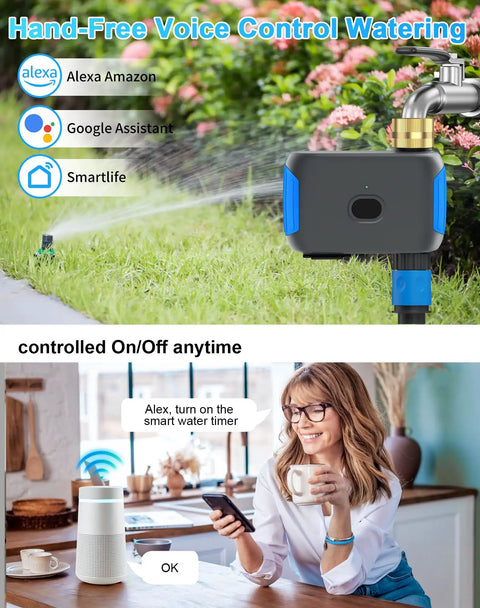 WiFi Sprinkler Timer With Bluetooth Hose Timer, Programmable Outdoor Irrigation System With Remote App, voice control setup