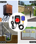 High Water Alarm For Septic Tank And Sump Pump Indoor Outdoor With 110dB Siren and LED, shown with applications in water tanks, lift stations, sump pump, and sewage pits