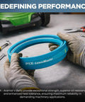 Person holding Aramid-Corded Blue Kevlar V-Belt 1/2 In W X 53 In OC for lawn mowers and garden machinery
