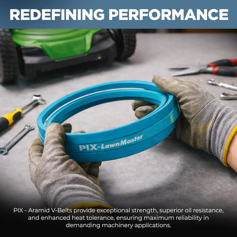 Person holding Aramid-Corded Blue Kevlar V-Belt 1/2 In W X 53 In OC for lawn mowers and garden machinery