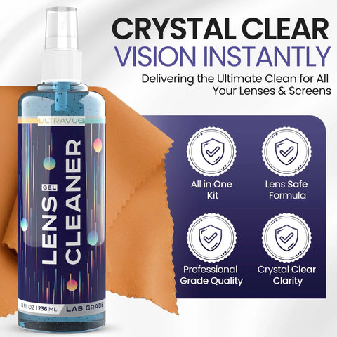ULTRAVUE Eyeglass Gel Cleaner spray bottle kit with blue bottle and microfiber cloths
