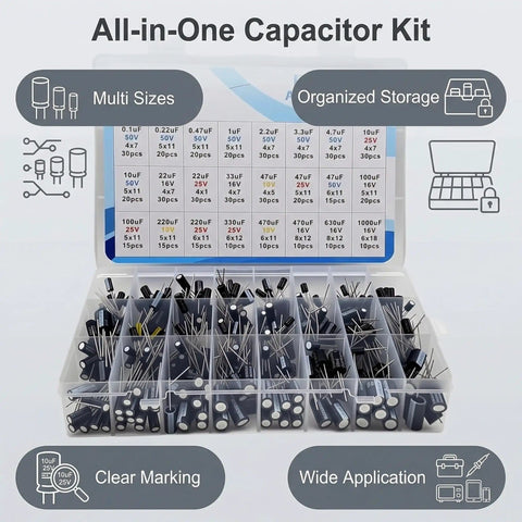 500Pcs Capacitor Kit With 24 Value Aluminum Electrolytic Caps 0.1uF To 1000uF 10V To 50V Includes Labeled Transparent Storage Box