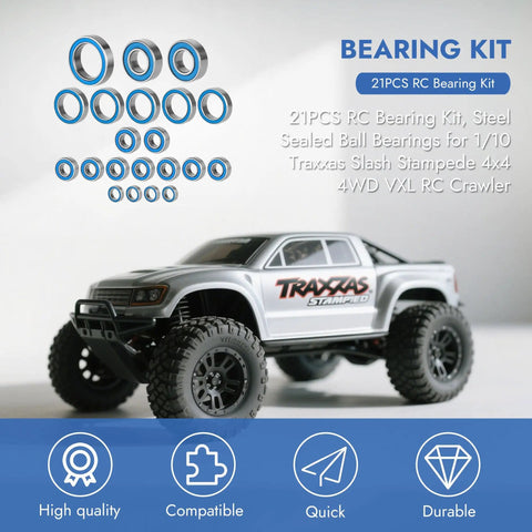 21 Pcs Beefy Heavy Duty Silver Blue RC Bearing Kit Rustproof Steel Sealed Ball Bearings For Traxxas Slash Stampede 4x4 displayed