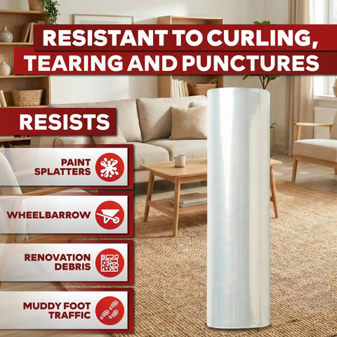 Carpet Protection Film Self Adhesive 24 Inch by 200 Feet 3 Mil Clear Sticky Carpet Protector roll in living room.