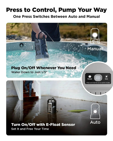 Auto Sump Pump With Half HP Submersible Motor 2500 GPH Capacity Auto Manual Mode Mesh Bag Universal Hose Adapters Built In 25 Ft Cord Heavy Duty Water Pump Plug And Play Ready For Pool Basement And Outdoor Use Black