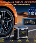 Portable Tire Inflator Air Compressor 12V DC With Auto Shut Off And Digital Pressure Gauge 100 PSI Corded Pump next to car tire