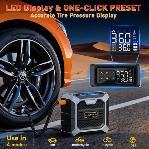 Portable Tire Inflator Air Compressor 12V DC With Auto Shut Off And Digital Pressure Gauge 100 PSI Corded Pump next to car tire