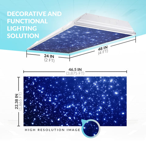 Fluorescent Light Cover For 2x4 Ceiling Fixtures With Premium Backlit Film 22.38 X 46.5 Inches showing starry night design.