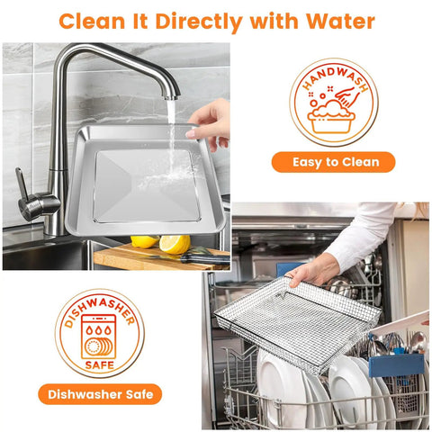 Air Fryer Tray Replacement For TOA-60 TOA-65 TOA-70 Convection Oven being cleaned under faucet and in dishwasher.