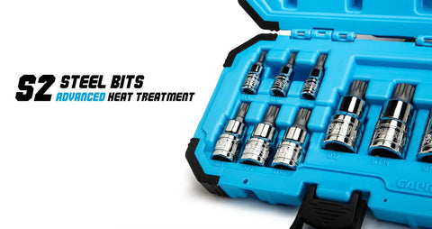 XZN Triple Square Socket Set 10 Piece Metric Heavy Duty Drop Forged S2 Steel Bits in blue case, shown with socket sizes.