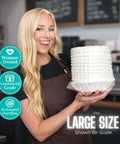 Woman holding Large Commercial Coffee Filters 9.5 X 4.5 Inches For 12-Cup BUNN Fetco And Curtis Coffee Machines - Tall Walls Prevent Ground Overflow - Premium Bulk Filters For Busy Cafes And Offices Bulk Pack in coffee shop setting.