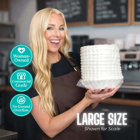 Woman holding Large Commercial Coffee Filters 9.5 X 4.5 Inches For 12-Cup BUNN Fetco And Curtis Coffee Machines - Tall Walls Prevent Ground Overflow - Premium Bulk Filters For Busy Cafes And Offices Bulk Pack in coffee shop setting.