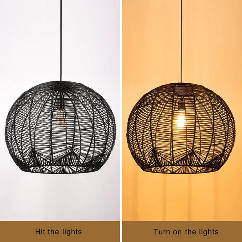 Small Black Rattan Pendant Light For Kitchen Island And Living Room Ceiling, Boho Wicker Chandelier, unlit and lit view