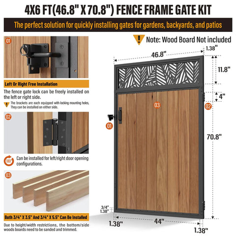 4x6 Ft Fence Gate Frame Kit In 201 Stainless Steel, Heavy Duty Anti Sag Reinforcement Hardware For Backyard Garden Gates, Left Or Right Mount, All Weather Powder Coated, No Wood Planks Included