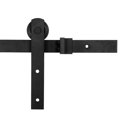 Close-up of black I shape hanger for 6 Ft Sliding Barn Door Hardware Kit Heavy Duty Sturdy With Quiet Operation And Easy Install Fits 36 To 40 Inches Wide Door Panels.