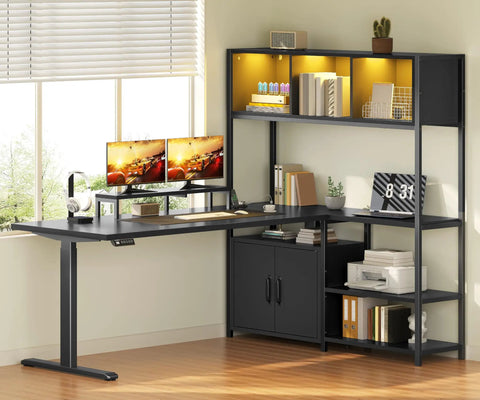 Full On Game Changer Electric Dual Motor L Shaped Standing Desk With Extra Storage Hutch in black, 28 to 45 inches height, with monitor setup.