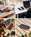 Collage of Ultra High Capacity Solar Power Bank On The Go 49800mAh with 22.5W quick charge and 15W wireless in use outdoors and indoors