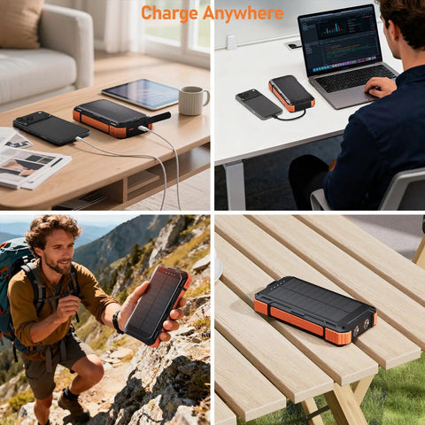 Collage of Ultra High Capacity Solar Power Bank On The Go 49800mAh with 22.5W quick charge and 15W wireless in use outdoors and indoors