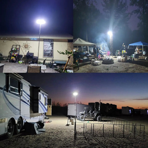 30,000 Lumen Telescoping Camping Light With Remote And Manual Control illuminating outdoor area at night