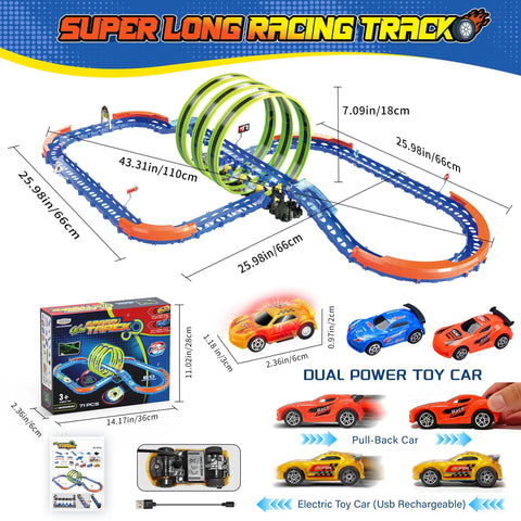 Slot Car Race Track Set With Glow In The Dark Tracks, 71 Pieces, USB Rechargeable Light Up Car, 360 Degree Triple Loops
