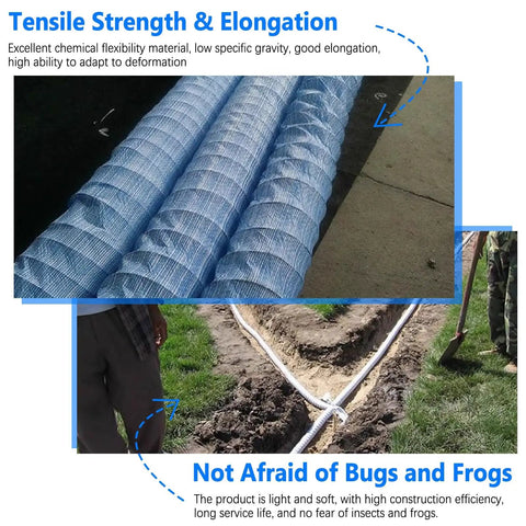 Two Inch Soft Flexible Permeable French Drain Pipe With Non Woven Filter Fabric For Lawn Landscape Corrugated Drainage System With Vertical And Horizontal Drainage Length 35 M 114 Feet in use for yard installation