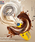 Electric Coffee Milk Frother Handheld Battery Operated Drink Mixer with Stainless Steel Whisk and Stand in Bold Yellow