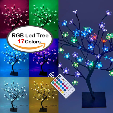 18 Inch Cherry Blossom Bonsai Tree With 48 RGB LED Lights Remote 16 Color Changing Modes 24V UL Listed Adapter Included