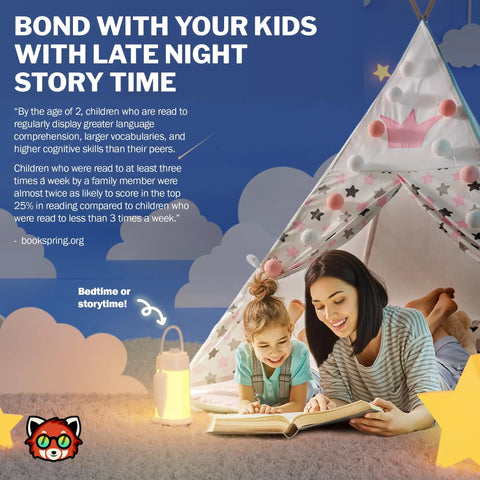 Mother and child reading inside play tent with Kids Book Night Light Lantern For Camping And Reading USB Rechargeable Desk Lamp visible