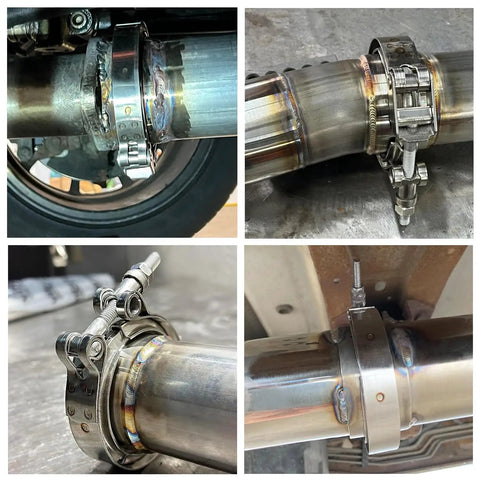 3.5 Inch Stainless Steel V Band Clamp Kit With Male And Female Flanges For Turbo Exhaust Systems installed on pipes.