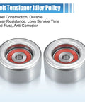 Two silver steel drive belt idler pulleys with red inner bearings, front view