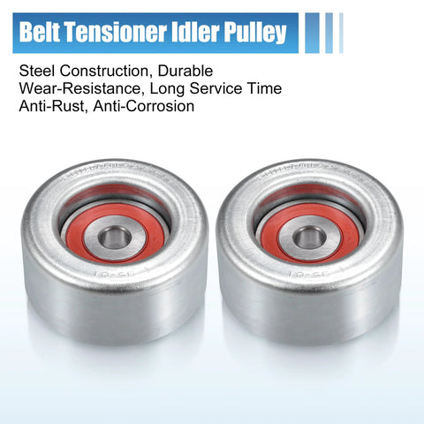 Two silver steel drive belt idler pulleys with red inner bearings, front view