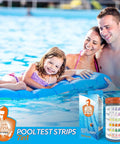 Premium 7 In 1 Pool And Hot Tub Test Strips For Crystal Clear Water Chlorine Bromine PH Alkalinity Fast Results Spa Kit No Guesswork Testing System in pool scene with family.