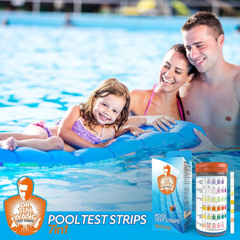 Premium 7 In 1 Pool And Hot Tub Test Strips For Crystal Clear Water Chlorine Bromine PH Alkalinity Fast Results Spa Kit No Guesswork Testing System in pool scene with family.